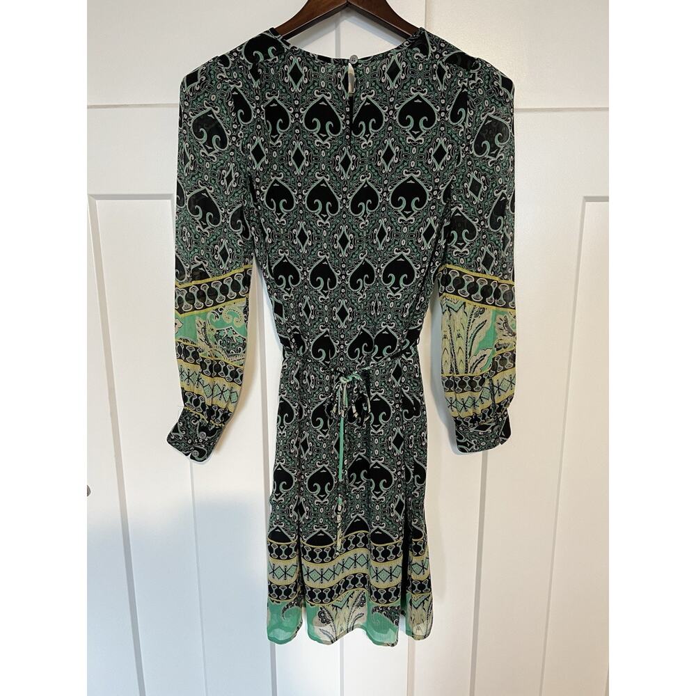 LOFT Dress Sheer Black Green Knee Length Size XS Petite. Tie Waist - Picture 6 of 11